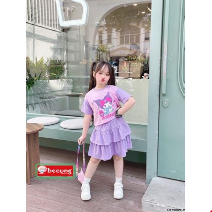 Sét áo thun Kuromi và chân váy phối tầng xinh xắn cho bé gái