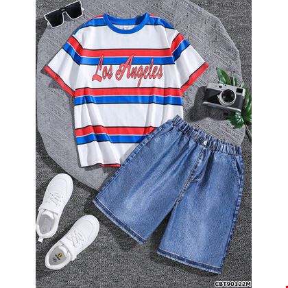 Set áo thun ngắn tay sọc ngang Los Angeles phối quần short jean cho bé trai