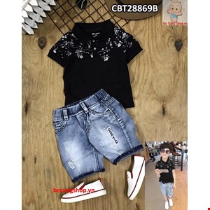 Sét jean có cổ in hoa cho bé từ 1-8 tuổi màu đen