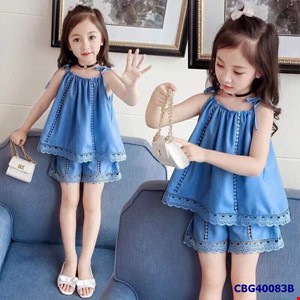 Sét jean hai dây và quần phối ren xinh yêu cho bé gái từ 3-10 tuổi