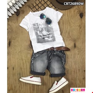 Set jeans bé trai in hình pull dog cực ngầu  cho bé từ 1 -8 tuổi màu trắng