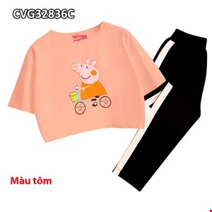 SIZE ĐẠI Bộ bé gái "Peppa đạp xe đạp" kiểu áo Croptop màu CAM