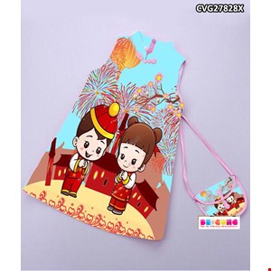 Sườn xám tết cổ tàu kèm túi cho bé từ 1-8 tuổi màu xanh