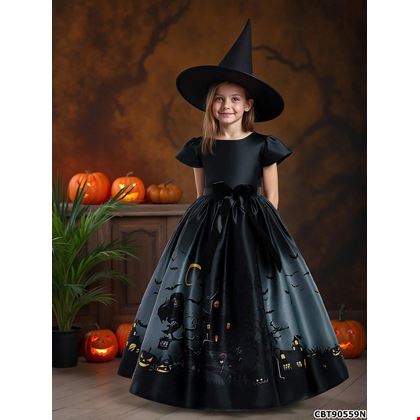 Váy Halloween Bé Gái Sát Nách Họa Tiết Halloween, Nơ Sang Trọng