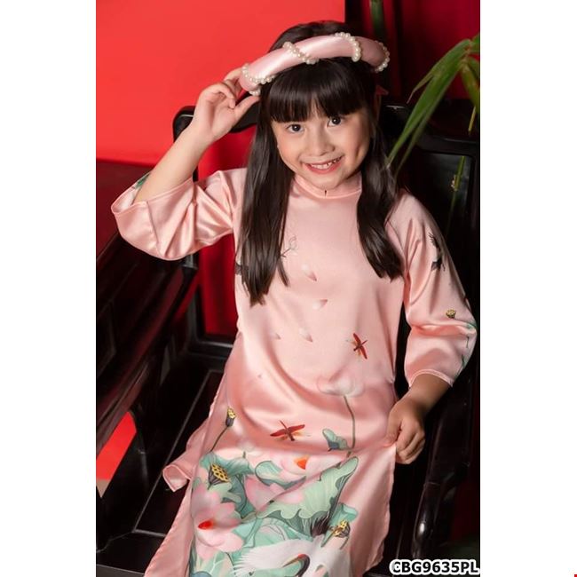 Áo dài cách tân họa tiết 3D Hồng Hạc Lá Sen dành cho bé gái